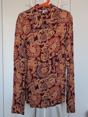 Marquis Burgundy Paisley Button-Up Blouse with Mustard Accents